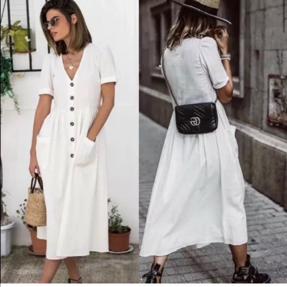 Zara Linen TRF Ivory White Midi Button Dress S